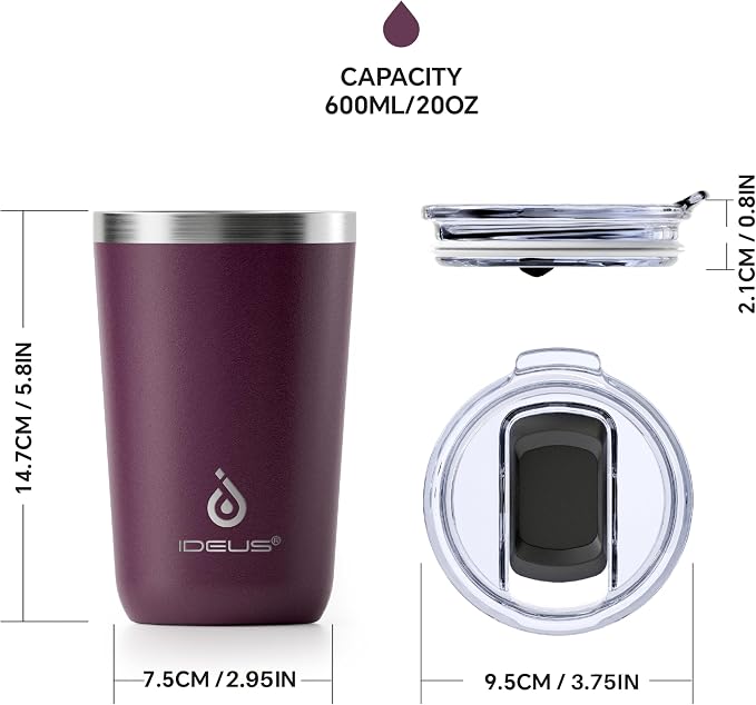 Ideus 20 oz Tumbler, Travel Coffee Mug with Splash Proof Sliding Lid, Double Wall Stainless Steel Vacuum Insulated Coffee Mug for Home and Office, Keep Beverages Hot or Cold, Red Violet - Image 6
