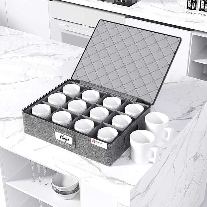 Cup and Mug Storage Box with Hard Shell and Dividers for Coffee Mugs,Tea Cups and Glasses,Stackable Storage Organizers with Lid,Handles,Zips and Label for Moving,Holds 12,2 Pack, Grey - Image 5