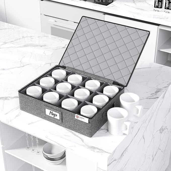 Cup and Mug Storage Boxes with Dividers,Hard Shell Coffee Mug Organizer with Lid,Handles,Zips and Label Window for Coffee Mugs,Tea Cups,Packing and Moving,Hold 12,1 Pack, Grey - Image 5
