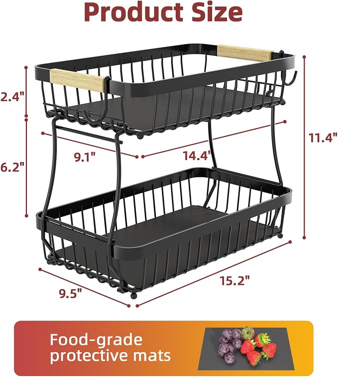 2-Tier Fruit Basket with Banana Hangers, Detachable Metal Bowl | Wooden handle, protective mats included. Versatile holder for bread, snacks, and veggies. Extra Large 2 tier metal design. - Image 7