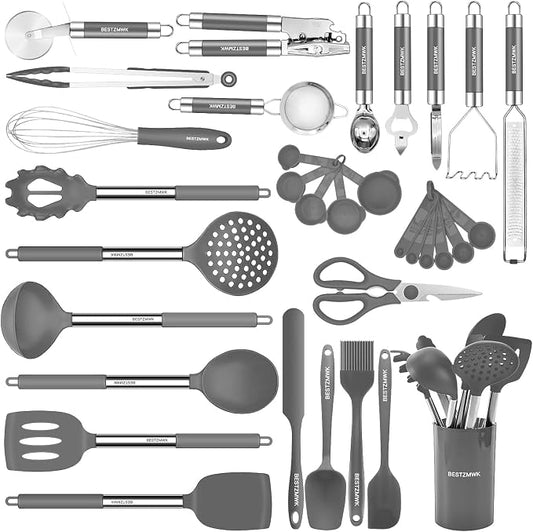 Kitchen Utensils Set-Silicone Cooking Utensils-32pcs Non-Stick Silicone Cooking Kitchen Utensils Spatula Set with Holder-Best Kitchen Cookware with Stainless Steel Handle (Grey) by BESTZMWK