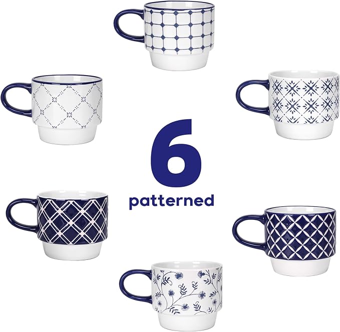 Schliersee 12 OZ Stackable Ceramic Coffee Mugs set of 6, Geometric Floral Pattern Small Mug, Blue White Porcelain Coffee Mug, Stacking Coffee Mugs, Tea Mug, Water Cup, Dishwasher Safe, Microwave Safe - Image 9