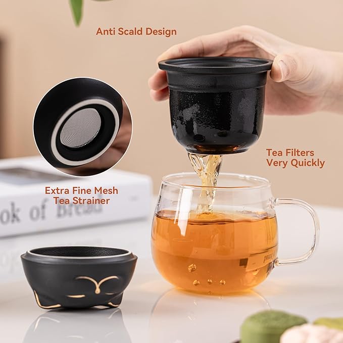 Tea Cup with Infuser and Lid 15oz - Borosilicate Glass Mug with Black Ceramic Infuser, Smiling Cat Lid Design, Anniversary Birthday Gift for Cat Lovers