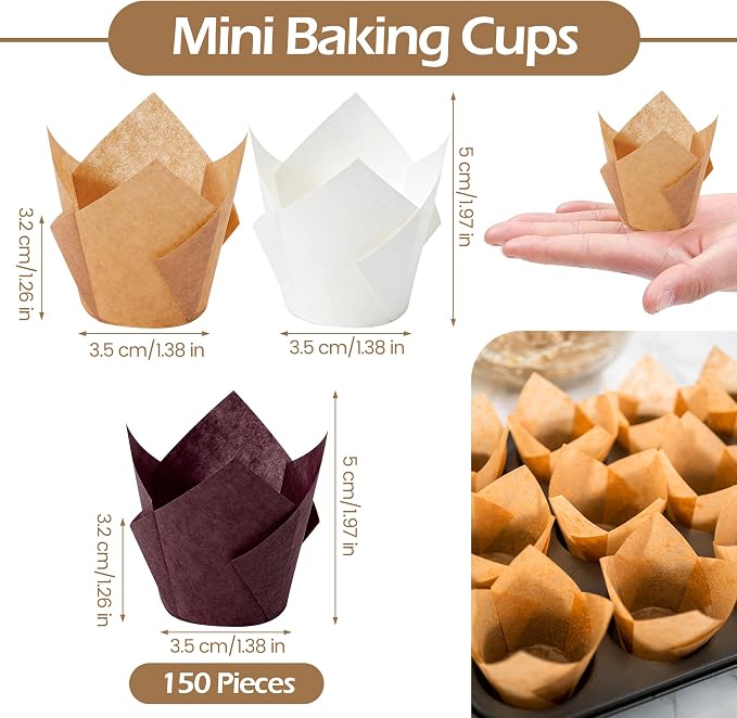 150 Pcs Mini Cupcake Liners Muffin Liners Baking Cups | Tulip Cupcake Liner for Baking Wedding, Birthday, Baby Shower Parties, Brown, Natural, White - Image 2