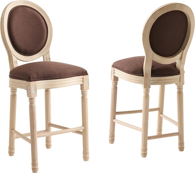 French Country Barstool, Linen Farmhouse Counter Height Chair | Set of 2, with Cushion Round Back and Solid Wood Legs, Oval Chairs for Restaurant, Bar, Kitchen, Café, Brown by RCDDFurniture