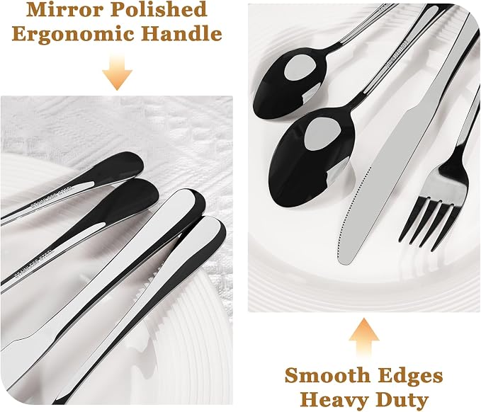 Astercook 24-Piece Black Silverware Set with Steak Knives Flatware Set for 4 Food-Grade Stainless Steel Cutlery Set Mirror Polished Utensils Set Include Spoons and Forks for Home Kitchen Restaurant - Image 4