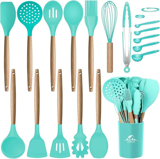 MIBOTE Silicone Cooking Kitchen Utensils Set, Wooden Handle, Teal | BPA-Free, Non-Toxic Silicone Turner, Tongs, Spatula, Spoon Set – Great for Nonstick Cookware, Heat-Resistant, Easy Clean by MIBOTE