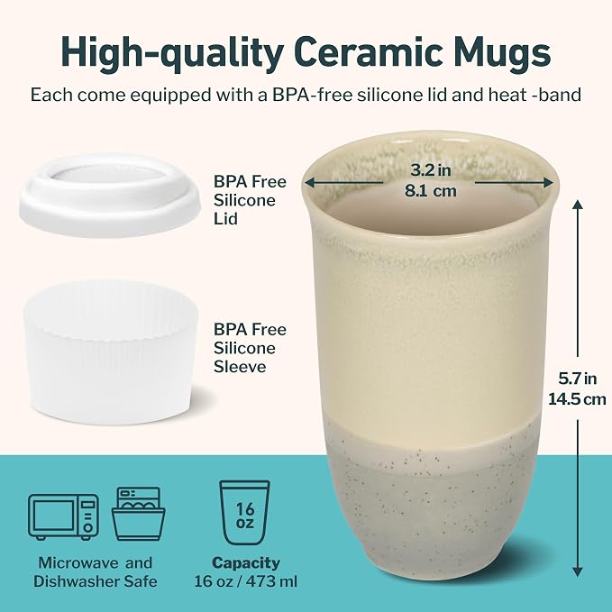 NOVA CERAMICS Travel Mug - Ceramic Coffee Mug With Lid – Microwave & Dishwasher Safe Coffee White & Grey Tumbler - Gifts For Women Men Him Her – 16oz – Mist - Image 3