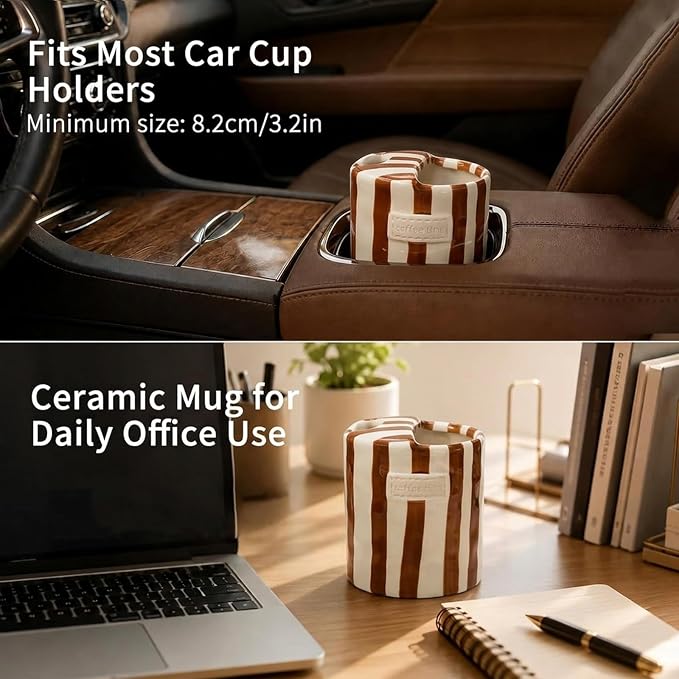 Ceramic Coffee Mug with Half Lid, 12oz Handmade Retro Striped Travel Mug, Minimalist To Go Coffee Cup for Home Office, Reusable Pottery Tumbler, Brown - Image 5