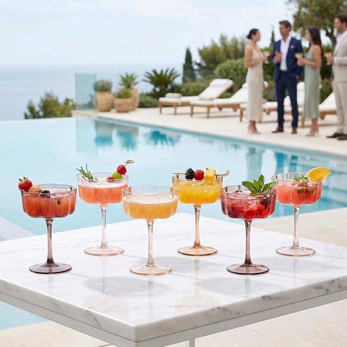 Venus Flower Scalloped Vintage Wavy Petals Wave Glass Coupes 7oz Colorful Martini, Champagne & Cocktails, 6 Set Brown Amber Shades Rippled Champagne Glasses, Elegant Bar Glassware, Aesthetic Coupe - Image 8