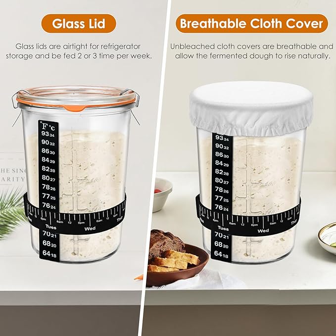 Sourdough Starter Jar Glass, Wide Mouth Sourdough Starter Jars, Sourdough Starter Kit with Wooden Spoon, Cloth Cover, Glass Lids, Sourdough Starter Jar 27oz for Sourdough Bread Baking Supplies