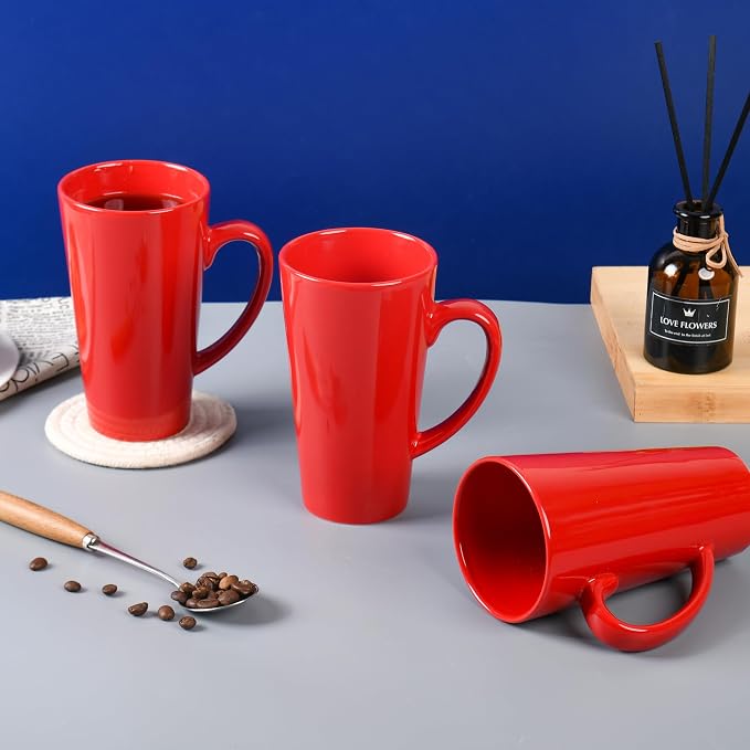 BYCNZB 16oz black Funnel Ceramic Tall Coffee Mugs for Coffee, Tea, Cocoa, Latte, Milk set of 4 (Red) - Image 6