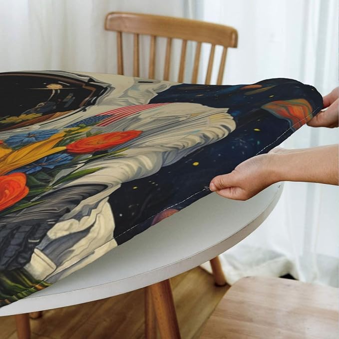 Astronaut with Flowers in Space Round Tablecloth Fitted Table Cover The Flower Seller Washable Tablecloths for Kitchen Dining Party 40-44 Inch - Image 6