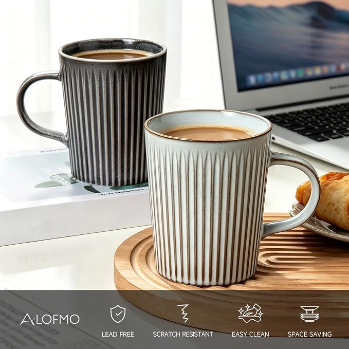 Coffee Mugs Set of 4, 18oz Large Striped Stoneware Coffee Cups with Handle | Handmade Ceramic Mugs Set for Women and Men, Dishwasher and Microwave Safe, Suitable for Hot Coffee, Tea, Cocoa, Milk, Glossy - Image 4