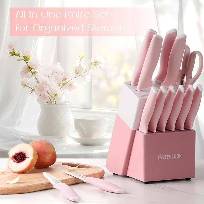 Astercook Knife Set, Kitchen Knives Set with Block and Sharpener 15 Pcs German Stainless Steel Knives Sharp Blade Dishwasher Safe Deba Knives with Ergonomic Handle, Crystal Pink - Image 3