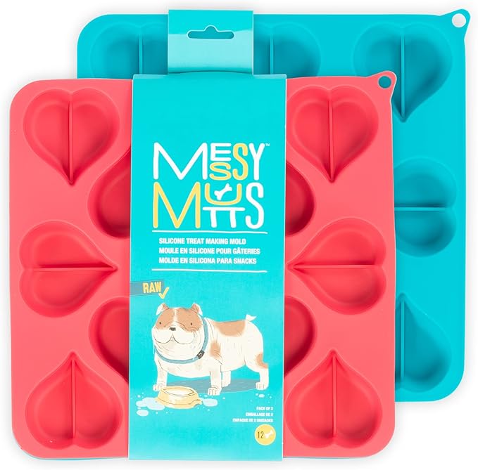 Messy Mutts Silicone Bake & Freeze Treat Making Mold | 2 Pack | 12 Heart Shaped 1 oz Molds | 9" x 9" Tray | Dishwasher, Freezer, Oven Safe | Blue/Watermelon