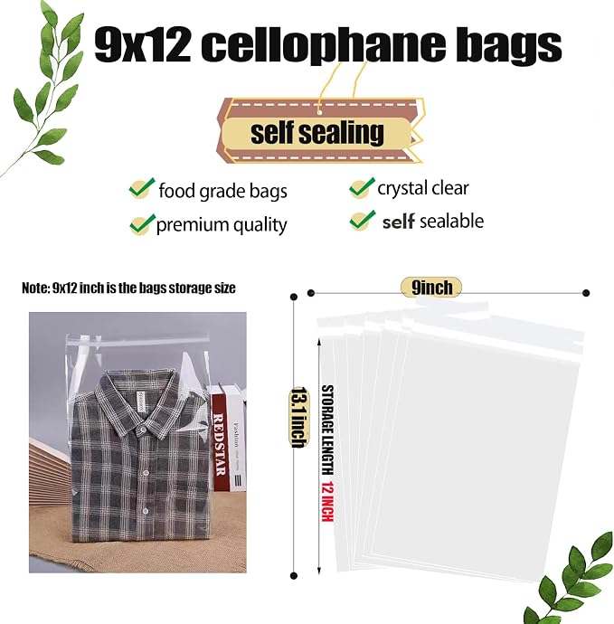 Nobranded 50 pcs Clear 9" x 12" Self Seal Cello Cellophane Bags Resealable Poly Bags 2.8 mils OPP Bag for Packaging Clothing, T Shirts, Art Painting,Treats,Party Favors,Gifts,Small Business - Image 3