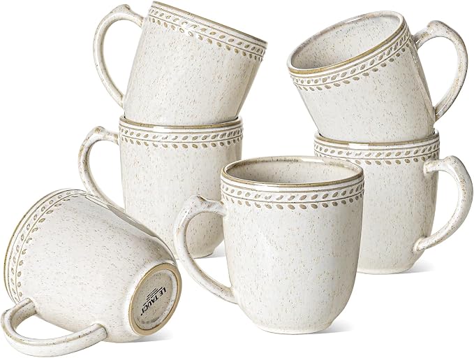 LE TAUCI Coffee Mugs 18 oz,Ceramic Mug Set, Embossment Cups for Latte, Hot Tea, Cappuccino, Mocha, Cocoa,Suit For Housewarming Wedding- 3.9 inch, Set of 6, Birch by LETAUCI