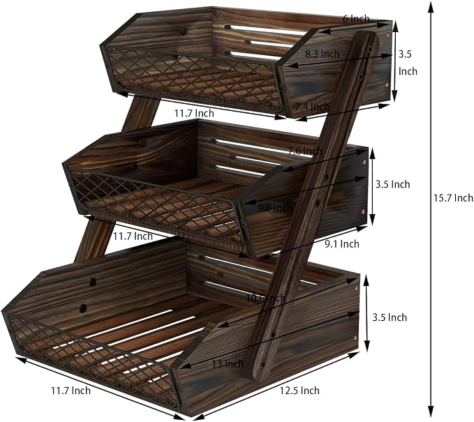 Dorhors Fruit Basket for Kitchen Counter Organizer,Fruit Bowl Stand Storage | 3 tier Rustic Brown Vegetable Holder,Wood Bread Display Rack,Kitchen Countertop Organizer Shelf for Snack,Onion,Banana,Potato - Image 6