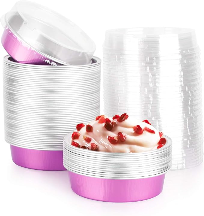 Beasea Mini Pie Pans with Lids, 4 Inch 50 Pack Disposable Mini Pie Tins Tart Pans, 8 Oz Pink Aluminum Tart Tins Mold Round Oven Baking Cups Small Cake Pan for Cheesecake Quiche by Beasea