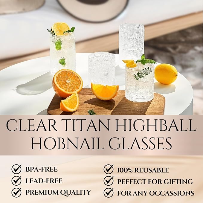 Khen Plastic Hobnail Drinking Highball Glasses Set of 6 Clear Color Cups 14oz, Shatterproof & Unbreakable Acrylic Beaded Design, BPA-Free, Dishwasher Safe Indoor/Outdoor Drinkware for Water, Cocktails - Image 2