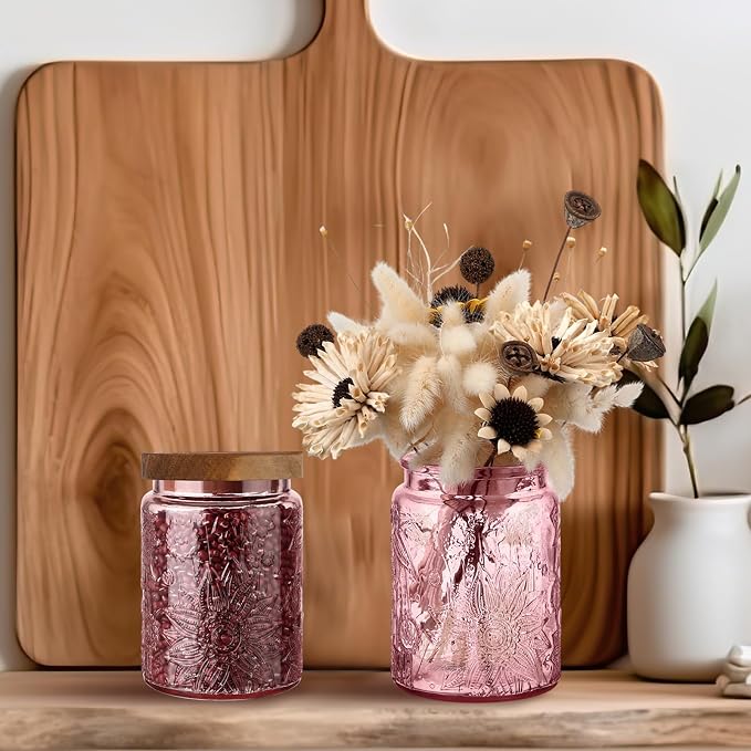 LemonRoad 8 Pcs Vintage Pink Glass Storage Jars 23.67 oz Candy Jar Canister with Solid Wood Lids Food Storage Container for Kitchen, Ground Coffee, Tea, Sugar, Decorative Mason Cookie Jar - Image 6