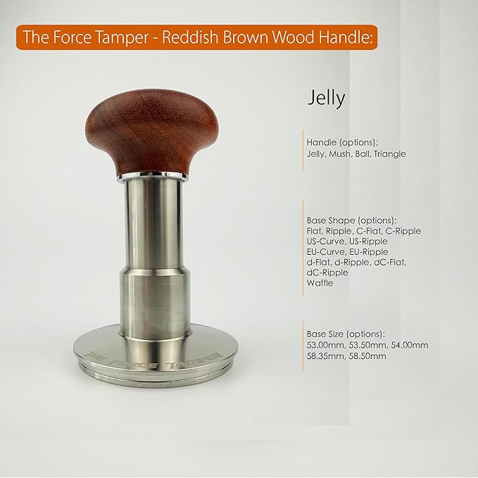 The Force Tamper Automatic Impact Adjustable Constant Pressure and Autoleveling Coffee Tamper Reddish Brown Jellyfish Wooden Handle Set Pro (Extend Set, 54.00mm)