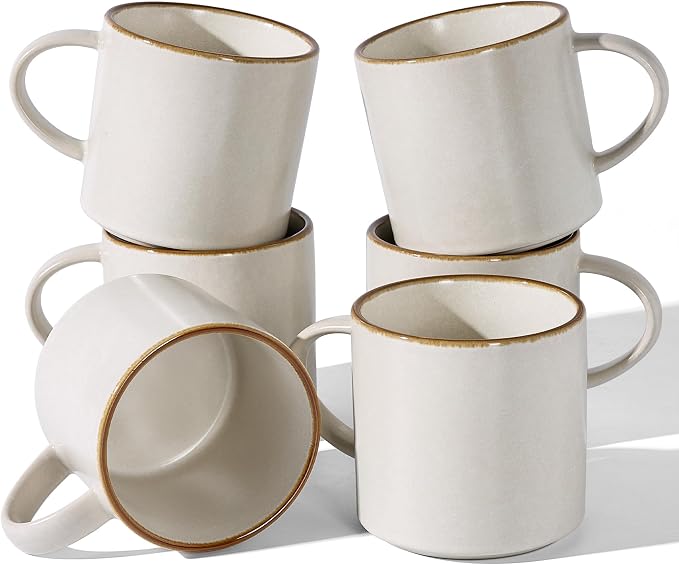 famiware Coffee Mugs Set of 6 Nebula 14oz Coffee Mugs, Ceramic Cup Set with Handle for Latte, Tea, Milk, Cappuccino, Cocoa, Matte Beige White with Brown Rim by Famiware