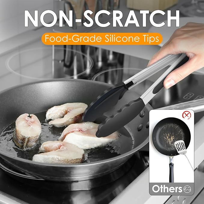 HOTEC Premium Kitchen Tongs, 7 & 9 Inch, Stainless Steel, Black, Set of 2 | Silicone Tips, Durable Spring Locking Mechanism, Non-Scratch & Heat Resistant, For Salad, BBQ, Serving - Image 5
