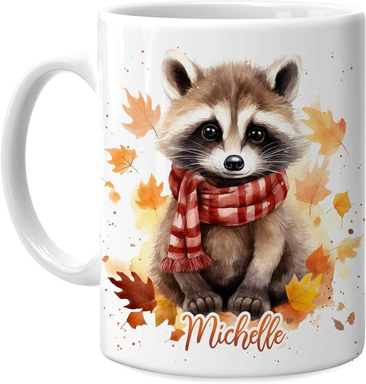 Hyturtle Personalized Fall Raccoon Maple Leaves Mug, Fall Autumn Décor | Birthday Gifts For Raccoon Lovers - Unique Autumn Gift Ideas For Thanksgiving - Custom Name 11oz White Ceramic Coffee Tea Mu by Hyturtle