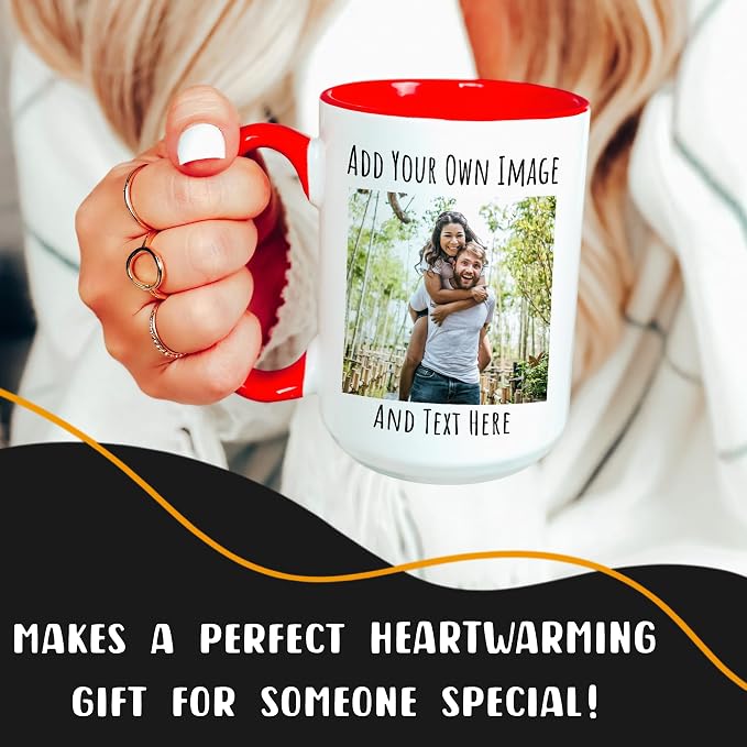 Personalized Coffee Mug 15 Oz, Custom Picture Text or Logo Ceramic Mug, Customized Gift for Men & Women, Taza Personalizada with Photo and Words, Customizable Large Tea Cup | White - Red - Image 5