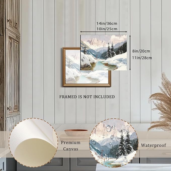 XOCUUI Vintage Unframed Canvas Wall Art, Snow Stream River Tree Cloud Winter Christmas Wall Art, Farmhouse Landscape Art Hanging Paintings for Living Room Bathroom Bedroom,11x14in - Image 2