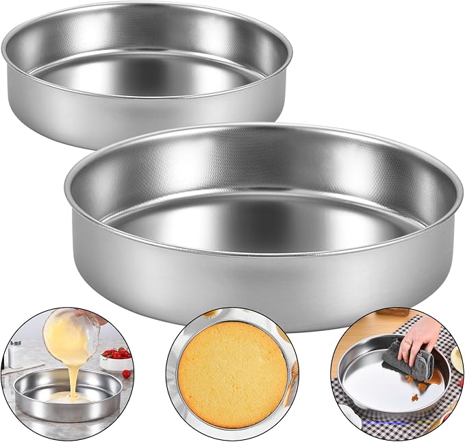 Inqibee 8-9.5 Inch Round Cake Pan Set, Stainless Steel Textured Bottom | Tri-ply Stainless Steel, Rolled Rim Layer Cake Bakeware, Oven & Dishwasher Safe, Healthy Non-Toxic for Birthday Wedding Cake by INQIBEE