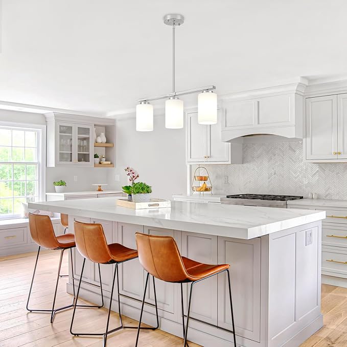 Brushed Nickel Kitchen Island Lighting Modern Dining Room Light Fixtures | 3-Light Linear Chandelier Over Table, 21.25'' Island Lights for Kitchen White Frosted Glass Shades, Adjustable Height - Image 8