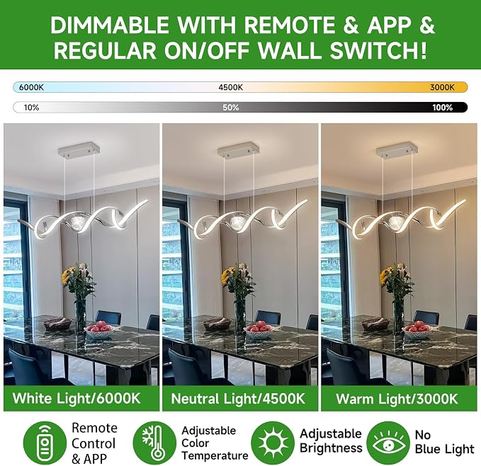 ORANOOR LED Modern Chandeliers 39inch Dimmable Chrome Kitchen Pendant Light | Silver LED Chandelier Lights for Dining Room, Linear Wave Spiral Pendant Light Fixtures, Dining Lights Ceiling Hanging, 36W - Image 4