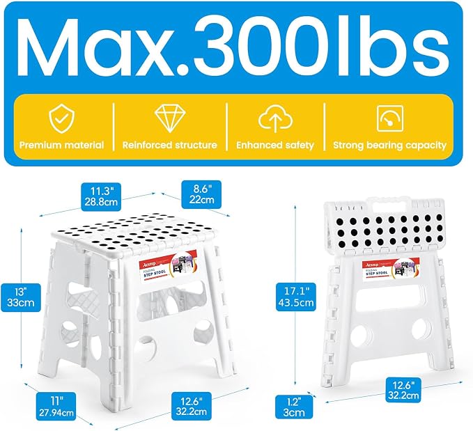 ACSTEP 13 Inch Folding Step Stool, Holds 300 lb, for Adults and Kids, White | Heavy Duty Portable Collapsible Foot Stool, Non-Slip Surface for Kitchen Bathroom Bedroom Outdoor, Lightweight with Handle - Image 4