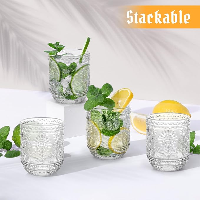 Topsky Vintage Drinking Glass Set of 4,12 oz Embossed Floral Drinkware Set,Colorful Drinking Glasses Cups Wine Glasses Colored Glassware for Whisky,Beer,Juice,Cocktail,Heavy Duty-Clear - Image 8