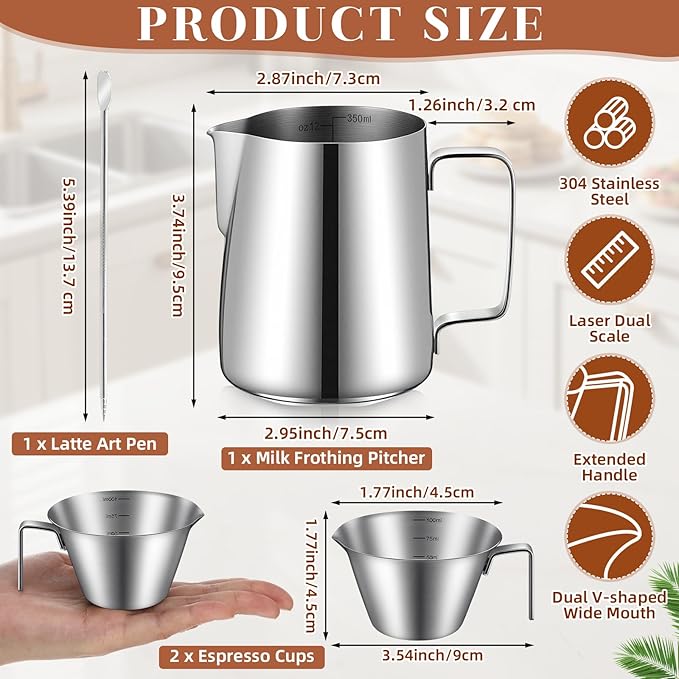 4 Pcs Espresso Accessories Kit Includes Espresso Cups with Handle, 12 oz Milk Frothing Pitcher and Latte Art Pen Stainless Steel Cappuccino Machine Accessories for Barista Coffee Bar
