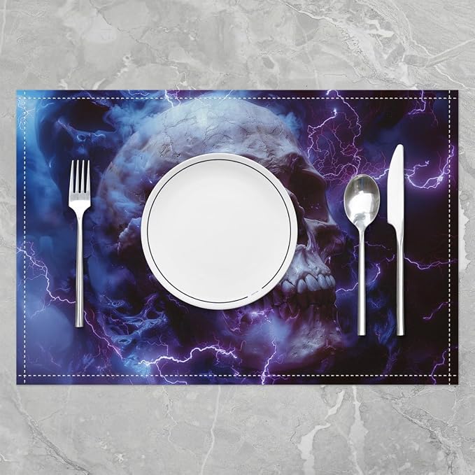 Feelyou Sugar Skull Placemats for Dining Table Indoor Outdoor Kitchen 12"x18" Gothic Skull Placemats Set of 4 Halloween Themed Table Mats Placemat Bones Decor Table Place Mats, Purple Gray - Image 2