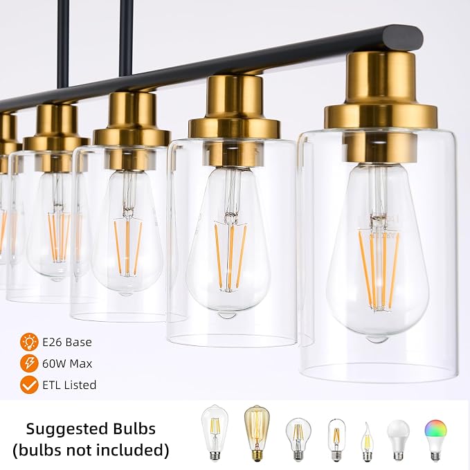 Island Light for Kitchen, 6-Light Farmhouse Dining Room Light Fixture with Clear Glass Shade, 44.3'' Matte Black and Gold Linear Chandelier Pendant Lighting for Dining Table Kitchen Living Room - Image 3