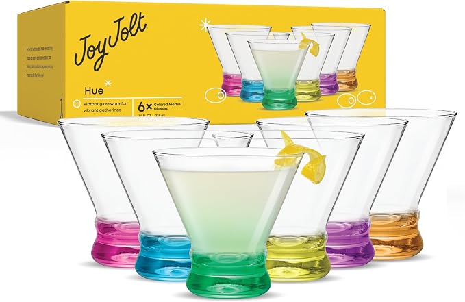 JoyJolt Hue 7.5oz Martini Glasses, Cocktail Glassware Set of 6, Colored Glass Base, Stemless Drinking Glasses for Margarita, Bar, Shrimp Cocktail, Juice - Image 8