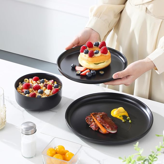 MALACASA 12 Pcs Porcelain Plates and Bowls Sets,Dinnerware Set for 4,Black | Modern Ceramic Dishware Set,Kitchen Dining Ware,Microwave and Dishwasher Safe,Simple Matt Black Design,Series LUNA - Image 6