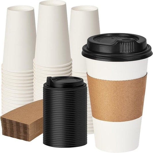 16 oz 50 Pack Coffee Cups with Lids and Sleeves, Hot Paper Coffee Cups with Lids, Disposable To Go Cup with Lid for Coffee, Tea, Hot Chocolate, Ideal for Cafes, Offices and Travel by VPACKDUO