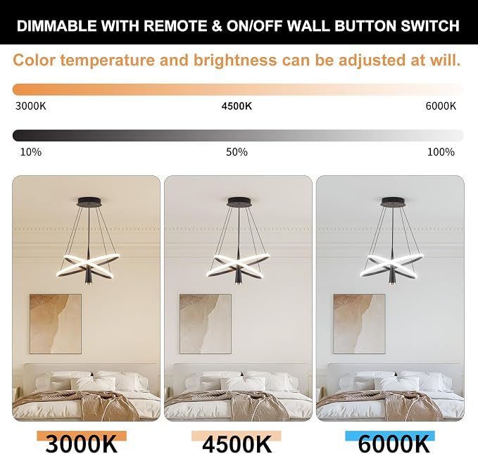 ORANOOR Modern LED Chandelier, Dimmable 20inch Black Kitchen Pendant Lights | Dining Room Light Fixtures Ceiling Hanging, 2 Ring Round LED Chandeliers for Bedroom Living Room Staircase Over Table, 3360lm - Image 4