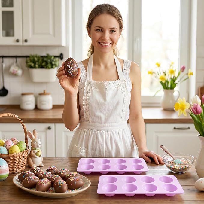 2 Pack Silicone Egg Molds 8 Cavity Easter Silicone Candy Mold 3D Egg-Shaped Silicone Baking Mold for Chocolate, Jello, Mini Cakes, DIY Desserts, Candy, Ice, Pudding, Baking (2, Purple) - Image 2