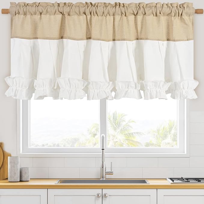 Likiyol Linen Valances for Windows Farmhouse Ruffle Valance Rustic Country Window Valances Light Filtering Kitchen Curtains Rod Pocket Valance Curtains for Bathroom Cafe, Linen White, 52" W X 18" L - Image 5