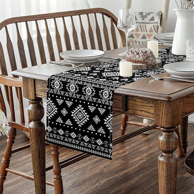 Feelyou Khaki Southwestern Aztec Table Runner Western Bohemian Kitchen Dining Decoration for Home Party 13x120 Inch Geometric Vintage Home Decor for Living Room Boho Tribal Black and White - Image 4