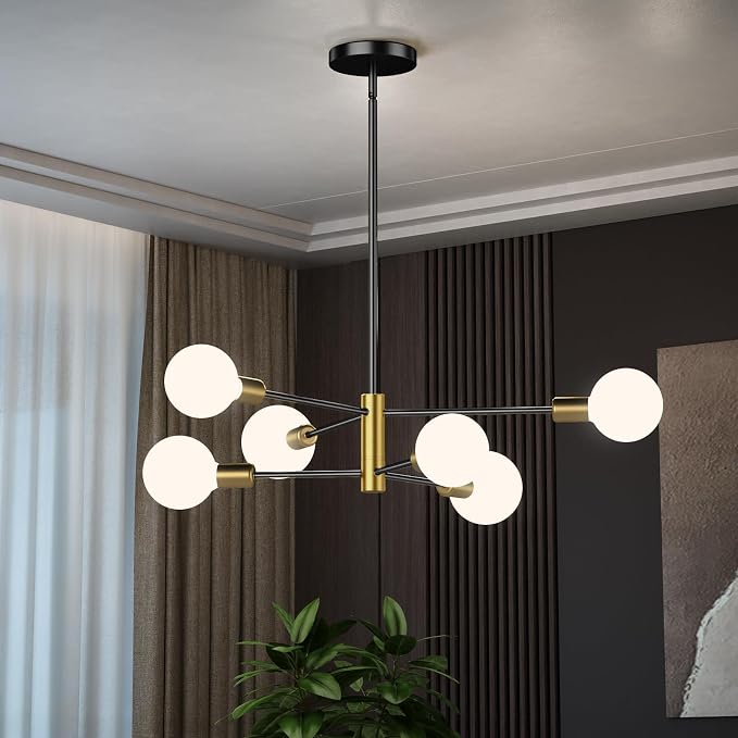 6-Light Black and Gold Mid Century Ceiling Chandelier Height Adjustable for Living Room, Kitchen, Dining Room, Bedroom,Foyer (Bulbs Not Included) by Unknown