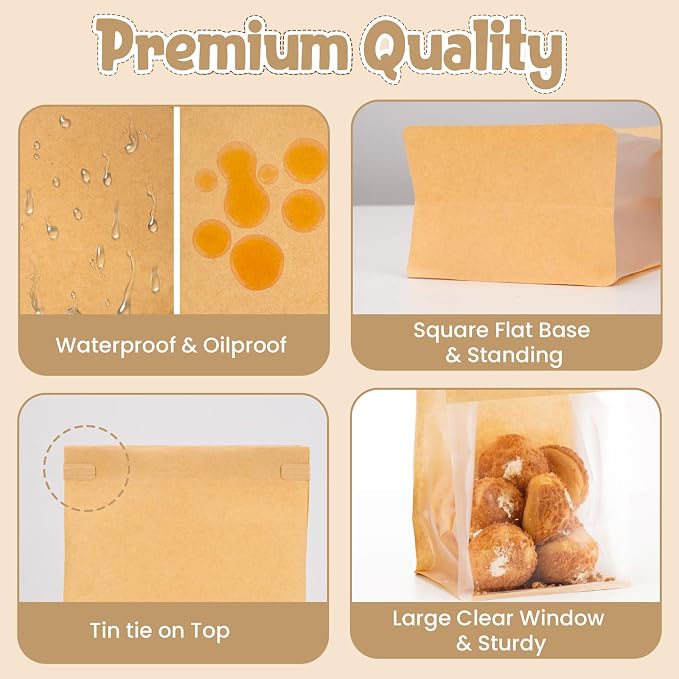 HONKID Bread and Cookie Bags with Seal, 150 Pack 11 x 5.1 x 3.9 Inches Bakery Bags with Window Reusable Tin Tie Tab Lock for Sealed Baked Goods Packaging for Pastry Bagels Breads Treats Cookies Brown - Image 4