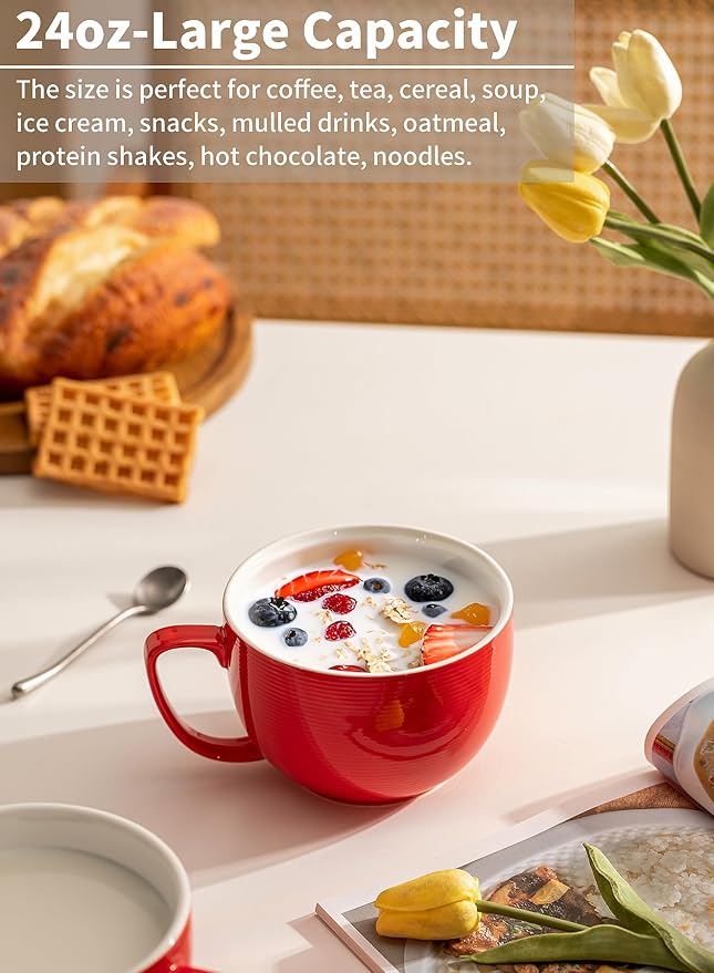 Teocera Red Mugs Set of 4, 24oz Jumbo Mugs, Large Coffee Mugs for Coffee, Hot Cocoa, Tea - Striped Design - Microwave Safe, Christmas Gift - Image 4
